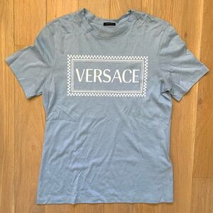 Versace Retro Checkered Print Blue Graphic Logo T-Shirt 38